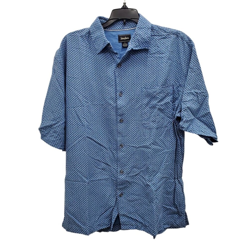 Neiman Marcus Men's Blue Silk Blend Diamont Print Short Sleeve Button Up Shirt M